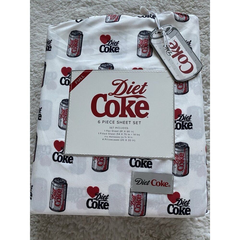 6 Piece Love Diet Coke Cans FULL Size Sheet Set‎ Bedding Hearts White Soft NEW